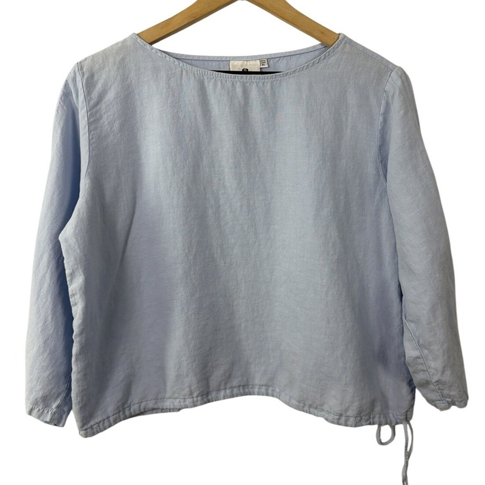 Spirit Activewear Light‎ Blue 100% Linen Drawstring Hem Blouse XL Top - Picture 2 of 8